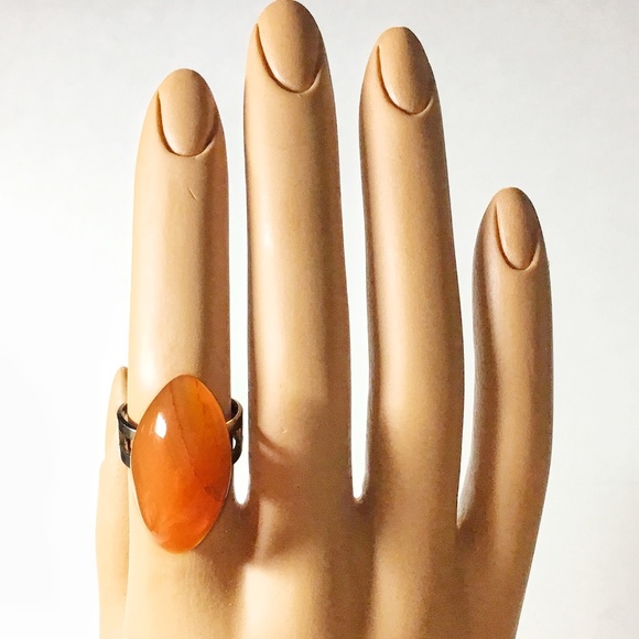 Large Vintage Domed Marquise Shape Carnelian Agate 1960s Modernist Ring - Picture 1 of 3